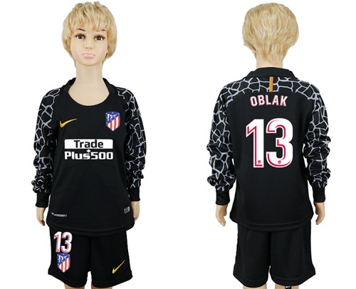 Atletico Madrid #13 Oblak Black Goalkeeper Long Sleeves Kid Soccer Club Jersey